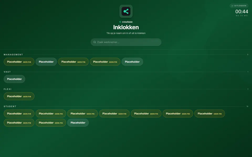 Anonymised Crewbase kiosk with placeholder profiles for clocking in and out.