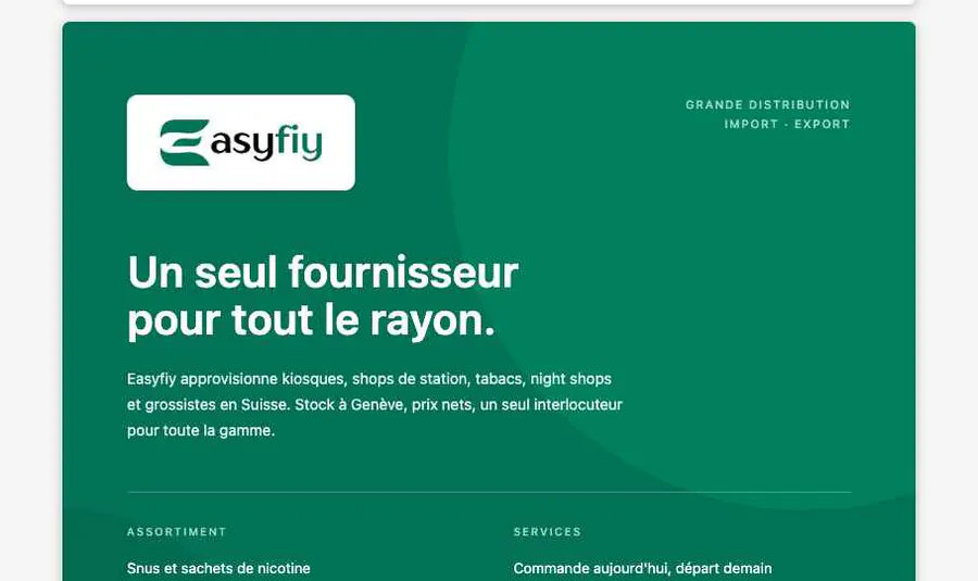 Existing Easyfiy catalogue page in its green identity with French B2B presentation.